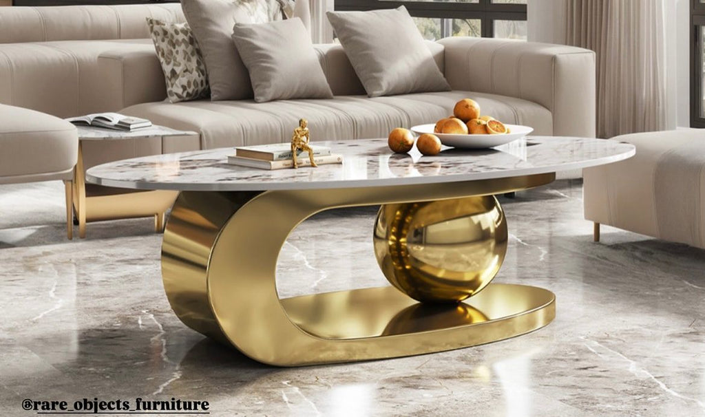 Luxury Coffee Table in Gold Base and Oval Stone Top