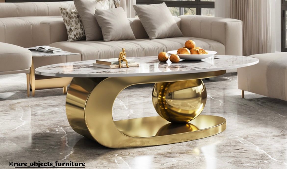 Luxury Coffee Table in Gold Base and Oval Stone Top