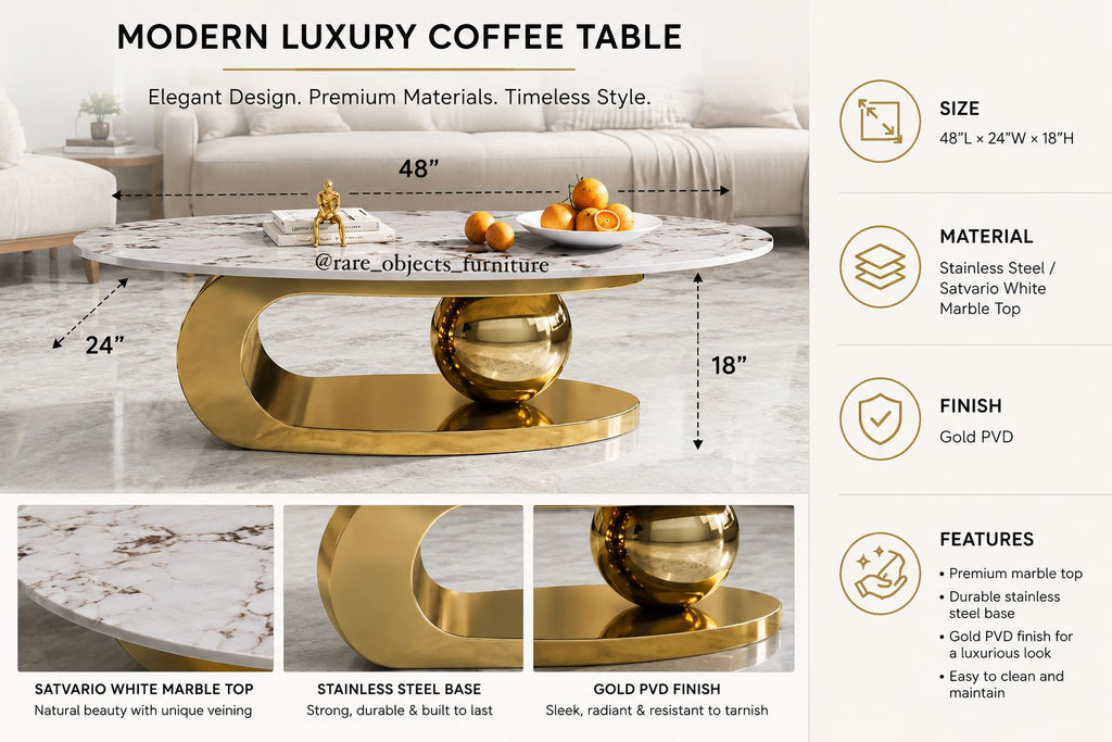 Luxury Coffee Table in Gold Base and Oval Stone Top