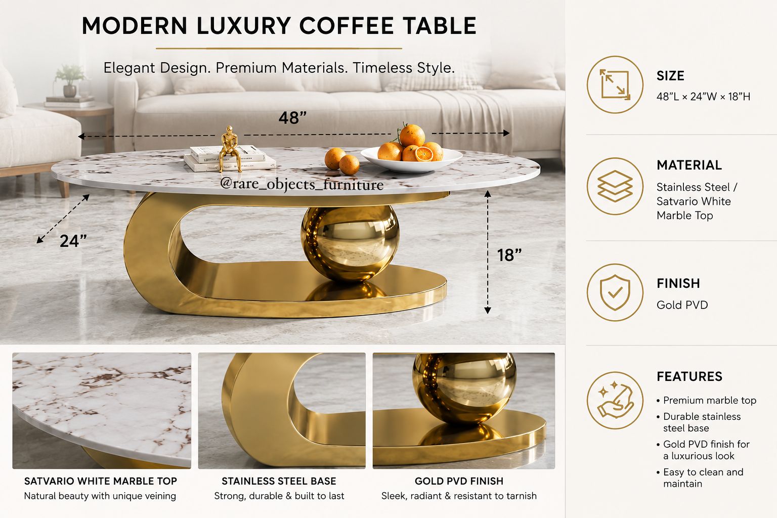 Luxury Coffee Table in Gold Base and Oval Stone Top
