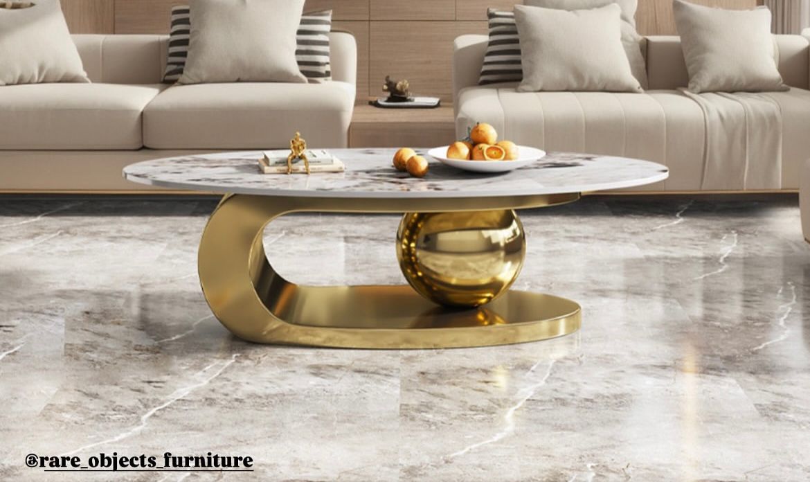 Luxury Coffee Table in Gold Base and Oval Stone Top