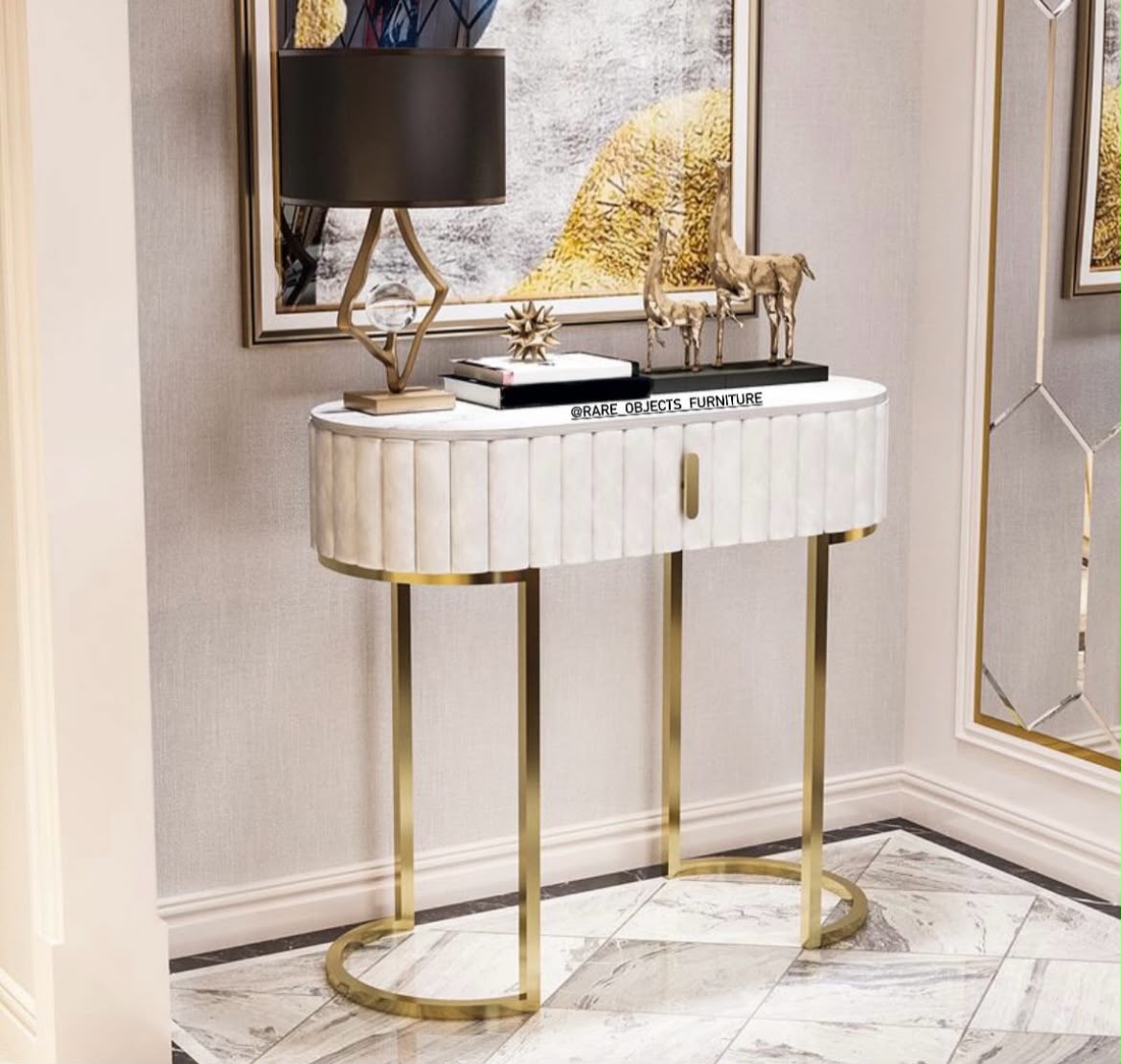 ELEGANT CAPSULE DESIGN CONSOLE TABLE WITH STORAGE DRAWER AND MARBLE TOP