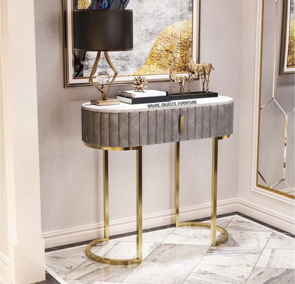 ELEGANT CAPSULE DESIGN CONSOLE TABLE WITH STORAGE DRAWER AND MARBLE TOP