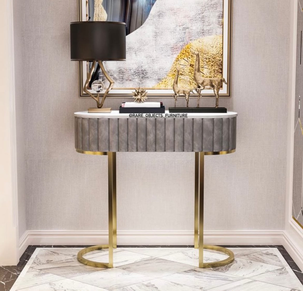 ELEGANT CAPSULE DESIGN CONSOLE TABLE WITH STORAGE DRAWER AND MARBLE TOP