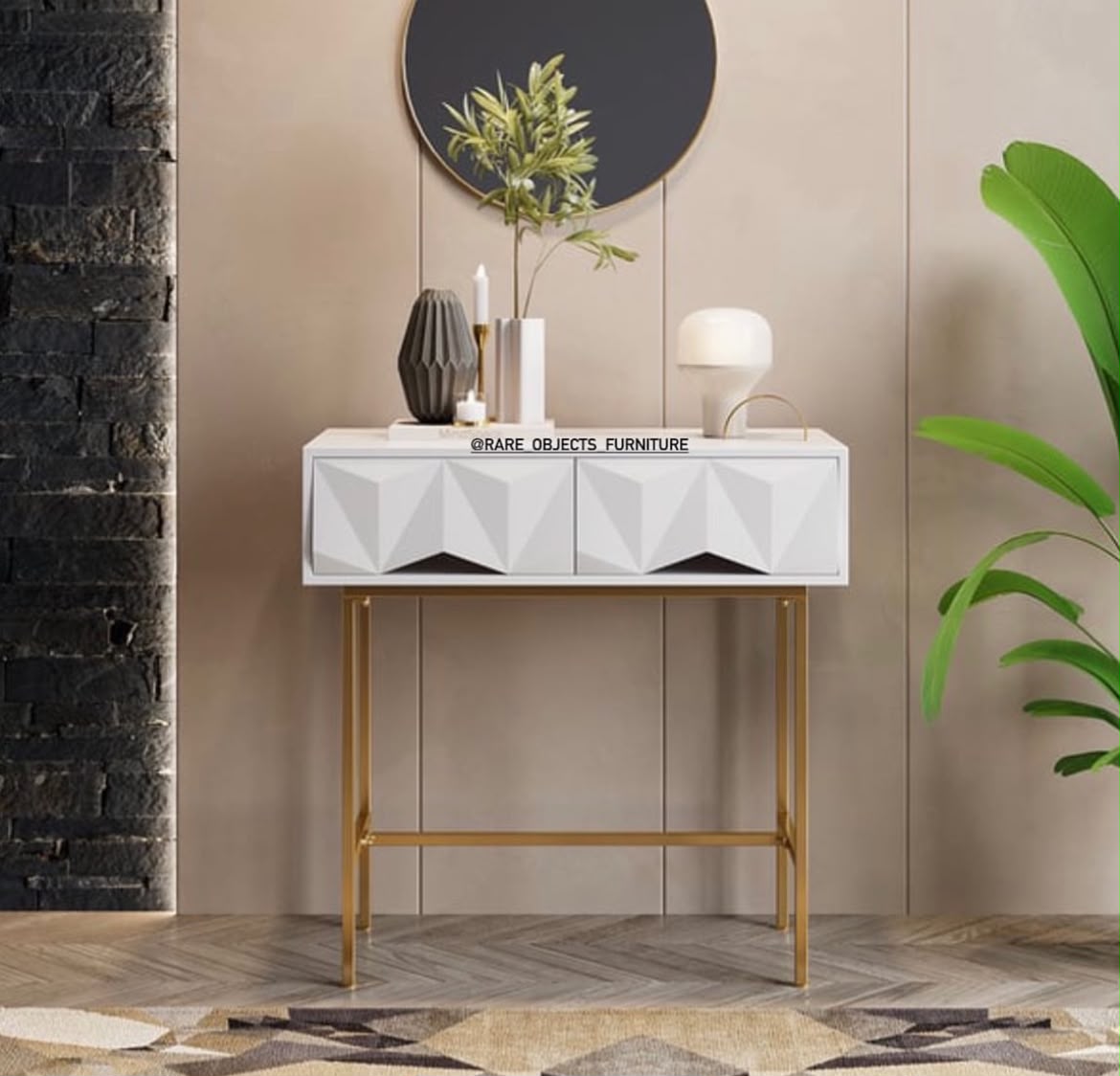 MODERN 3-D WOOD AND METAL COMBINATION CONSOLE TABLE WITH STORAGE