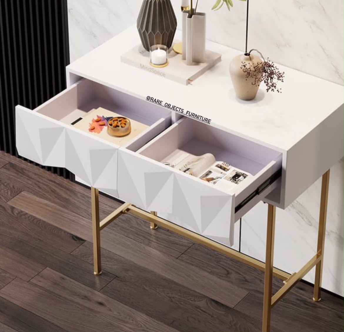 MODERN 3-D WOOD AND METAL COMBINATION CONSOLE TABLE WITH STORAGE