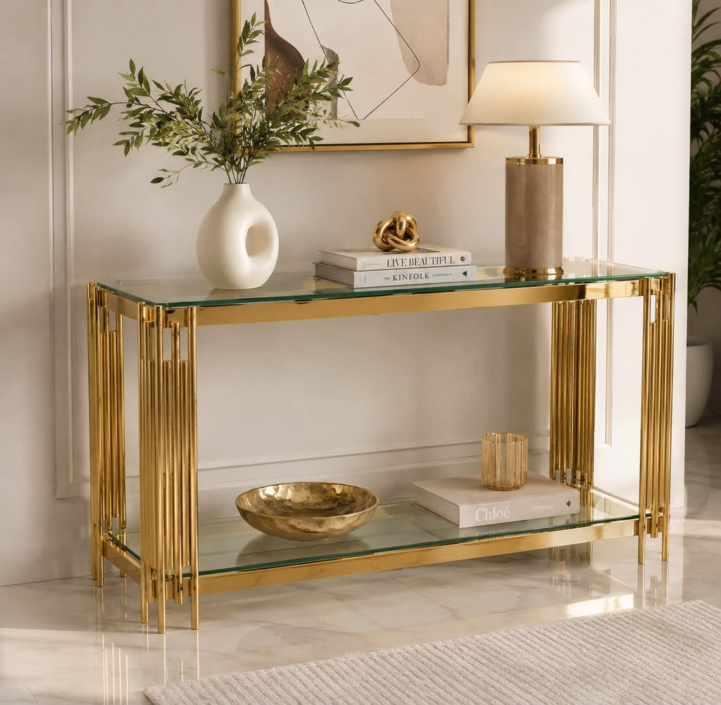 LUXURY 2-TIER GLASS CONSOLE TABLE IN GOLD