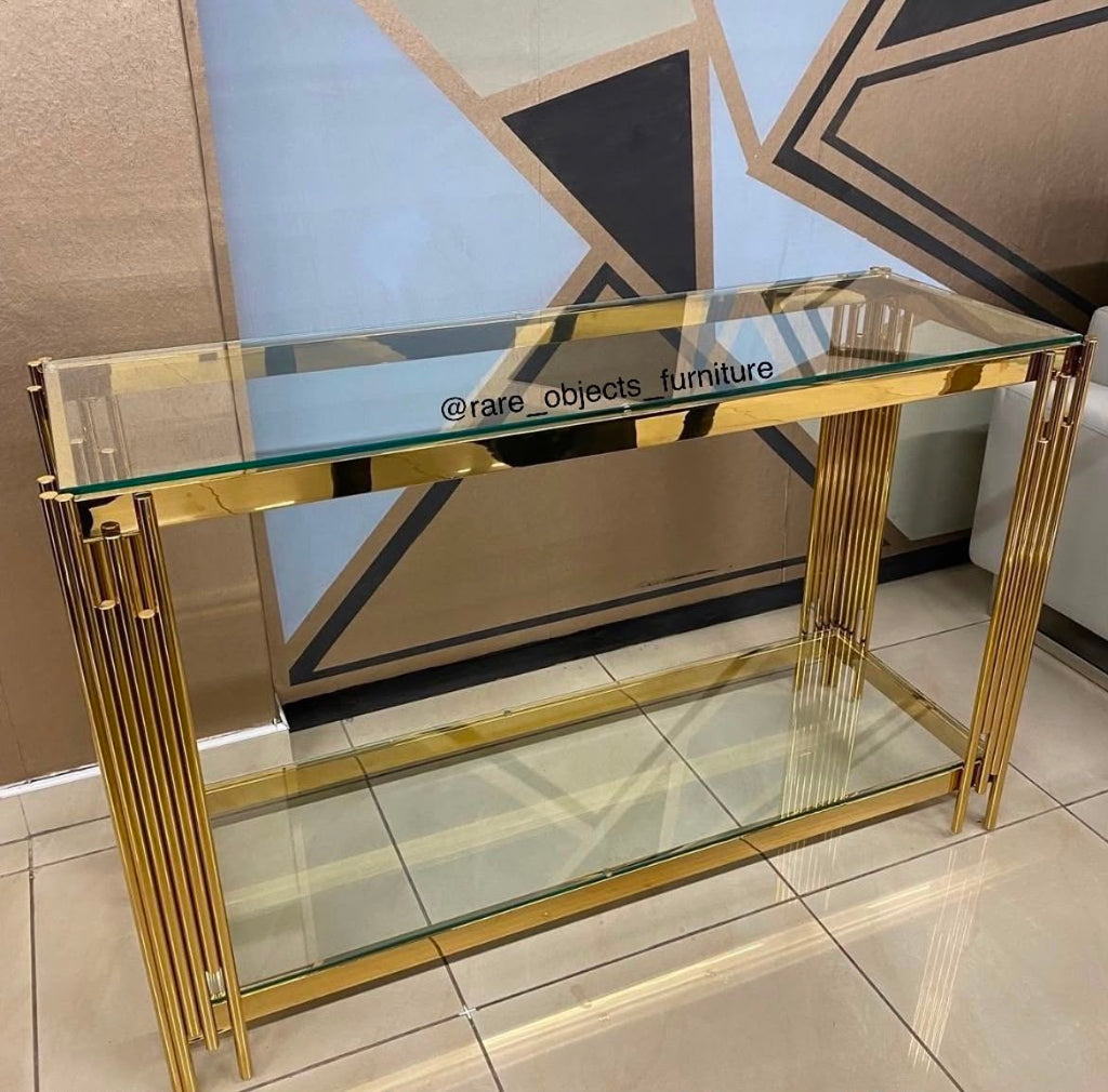 LUXURY 2-TIER GLASS CONSOLE TABLE IN GOLD