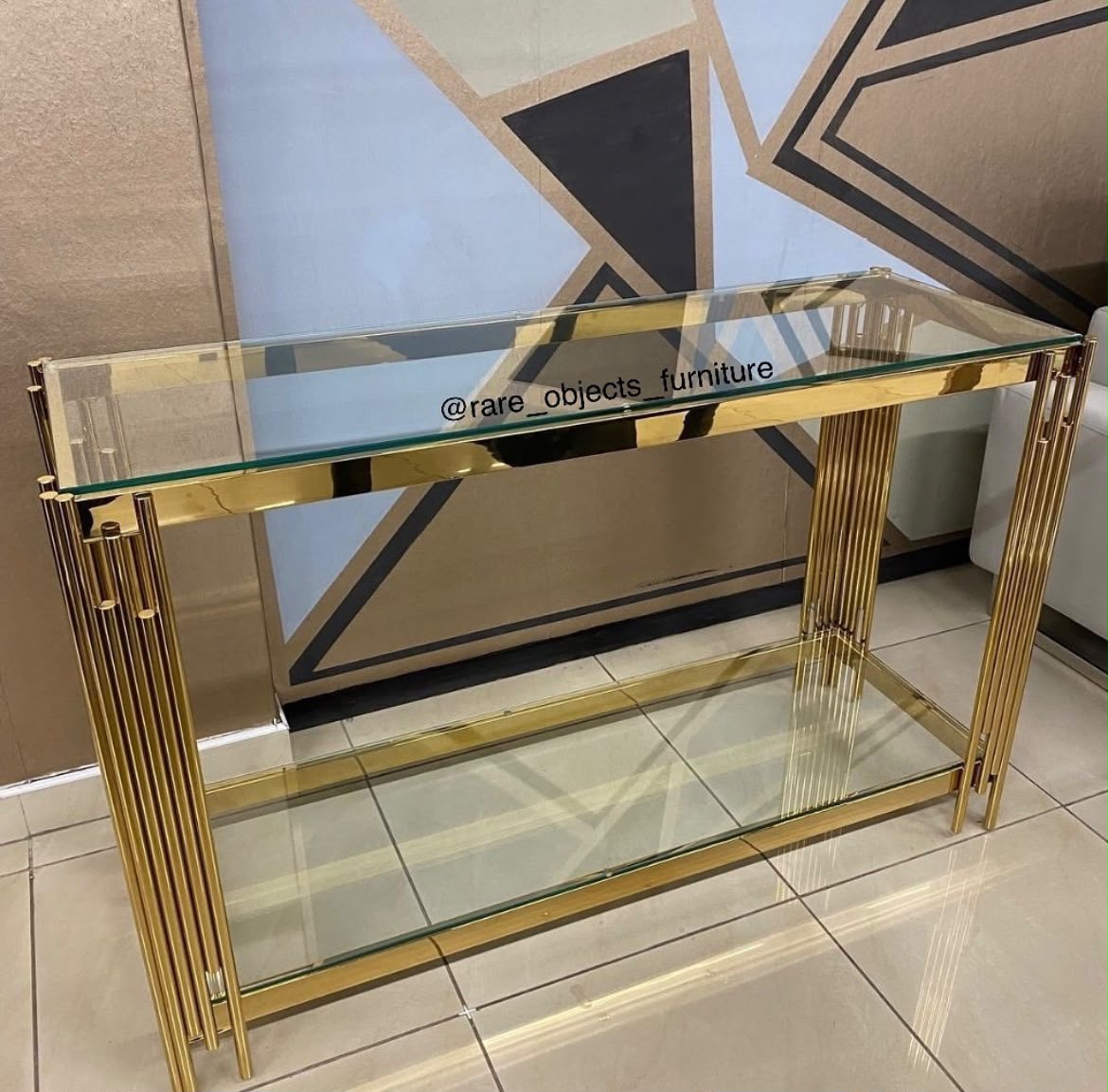LUXURY 2-TIER GLASS CONSOLE TABLE IN GOLD