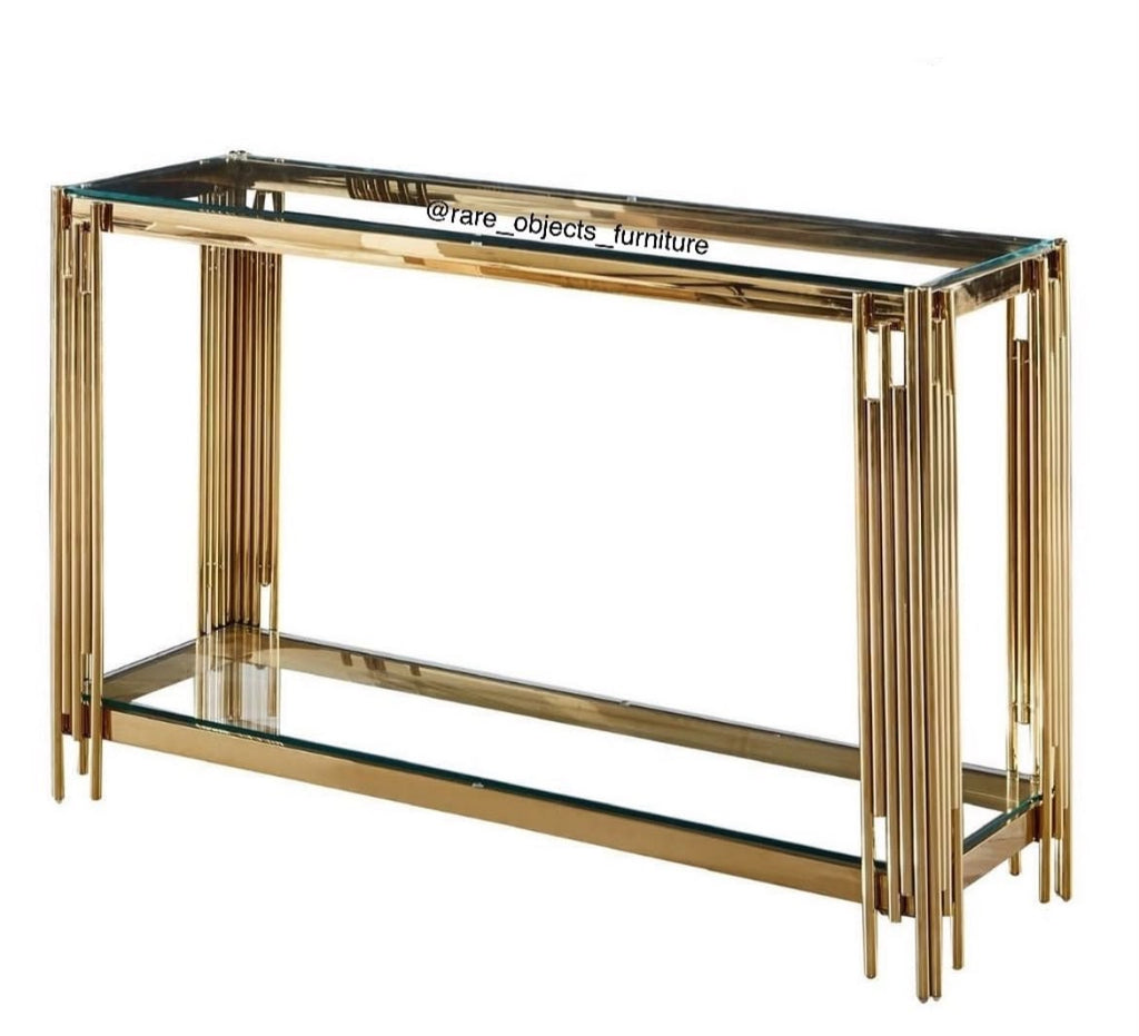 LUXURY 2-TIER GLASS CONSOLE TABLE IN GOLD