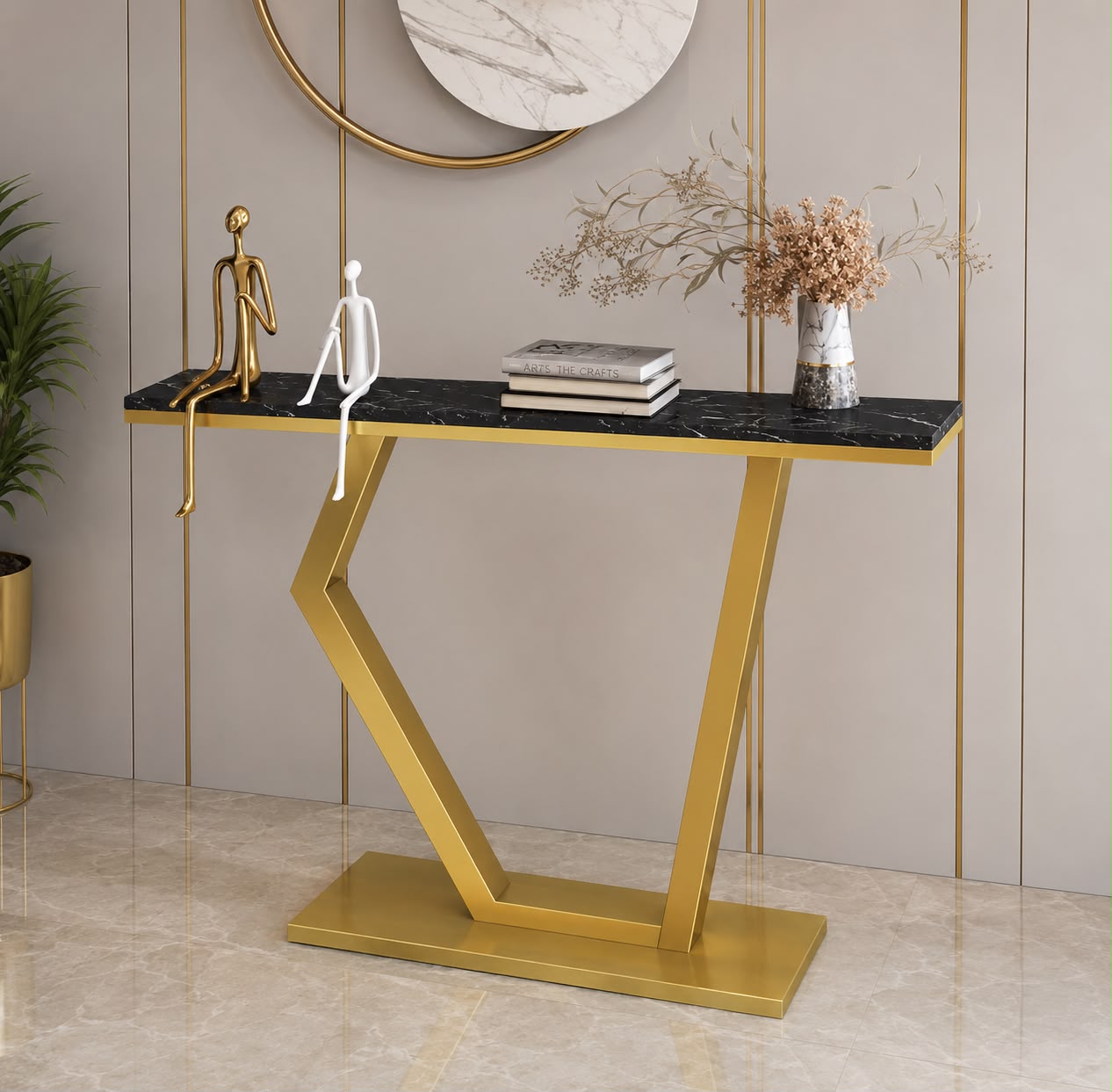MODERN MARBLE CONSOLE TABLE IN WHITE/ BLACK MARBLE TOP
