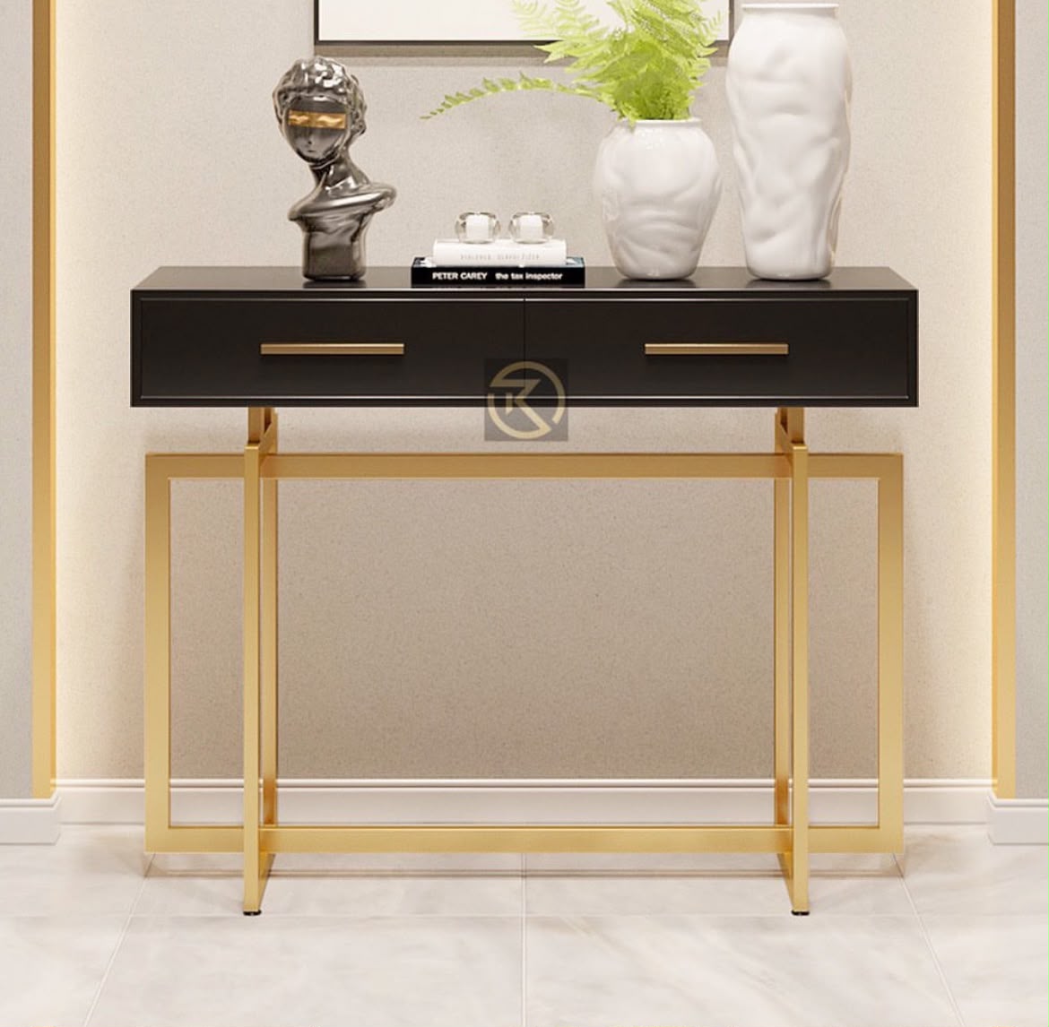 Modern Narrow Black Console Table with Storage Drawers and Metal Legs in Gold