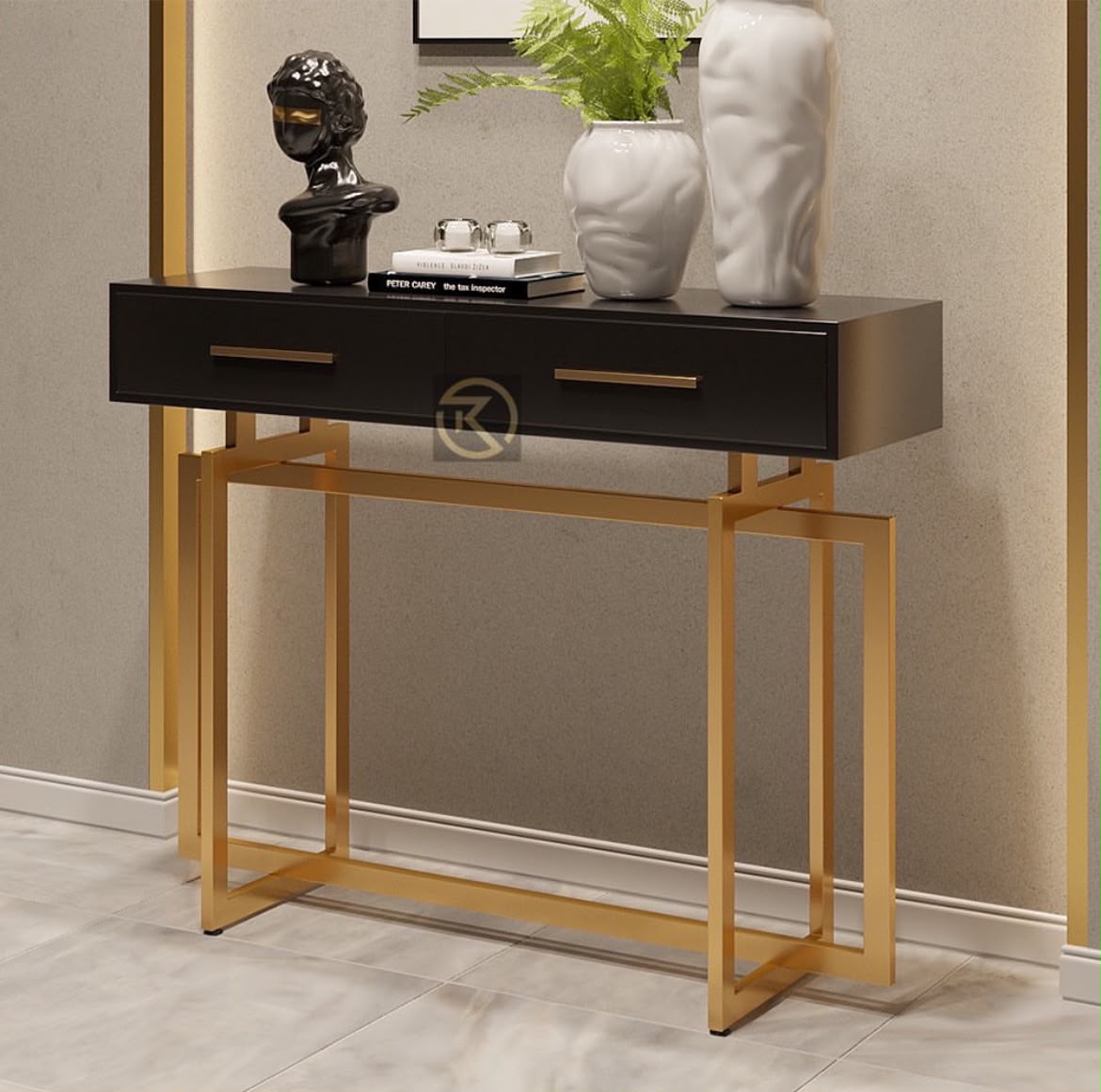 Modern Narrow Black Console Table with Storage Drawers and Metal Legs in Gold