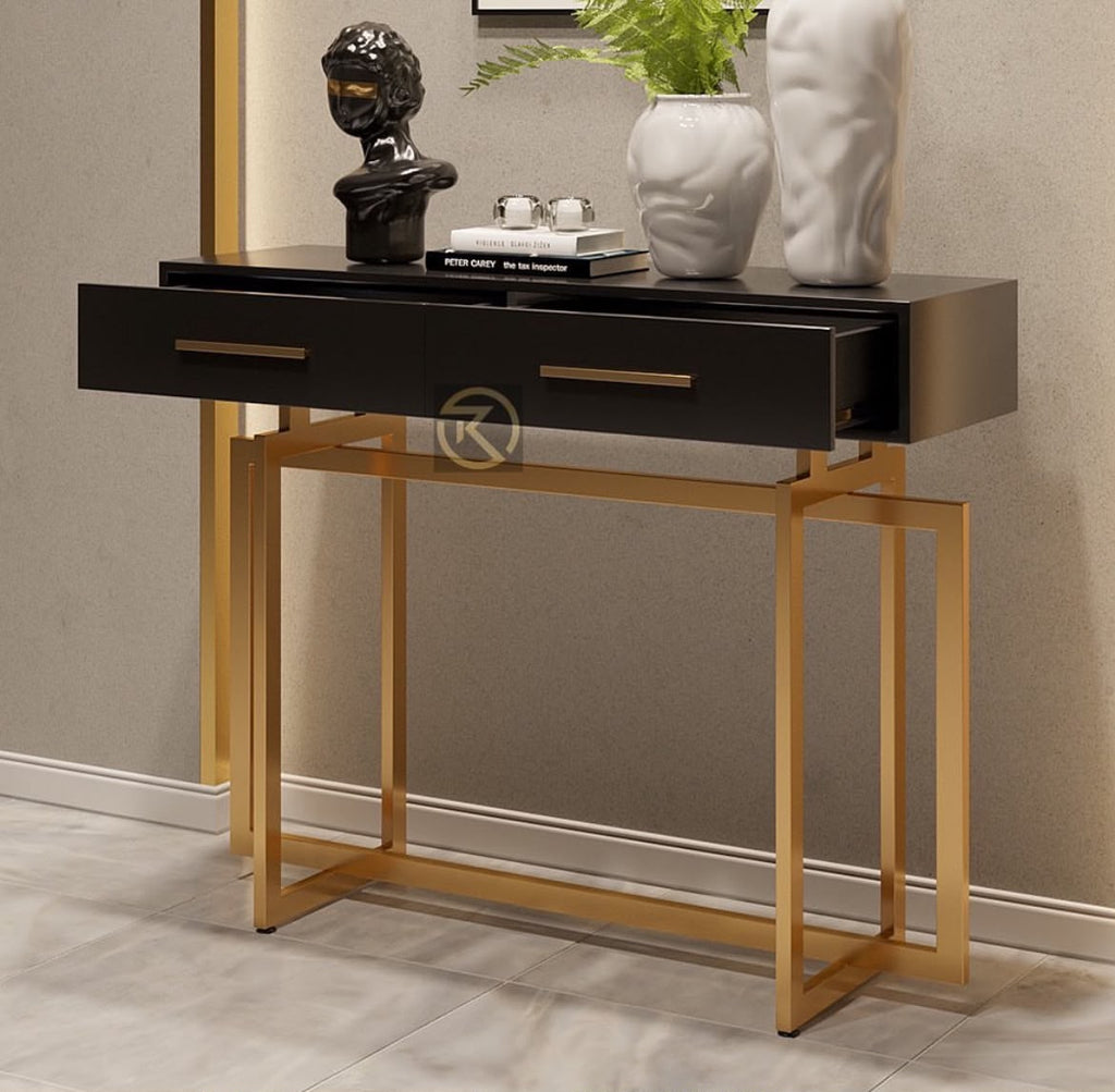 Modern Narrow Black Console Table with Storage Drawers and Metal Legs in Gold