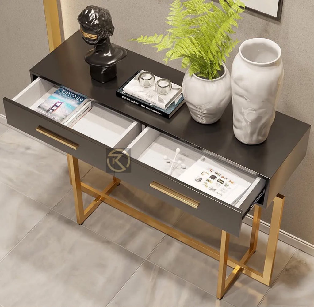 Modern Narrow Black Console Table with Storage Drawers and Metal Legs in Gold
