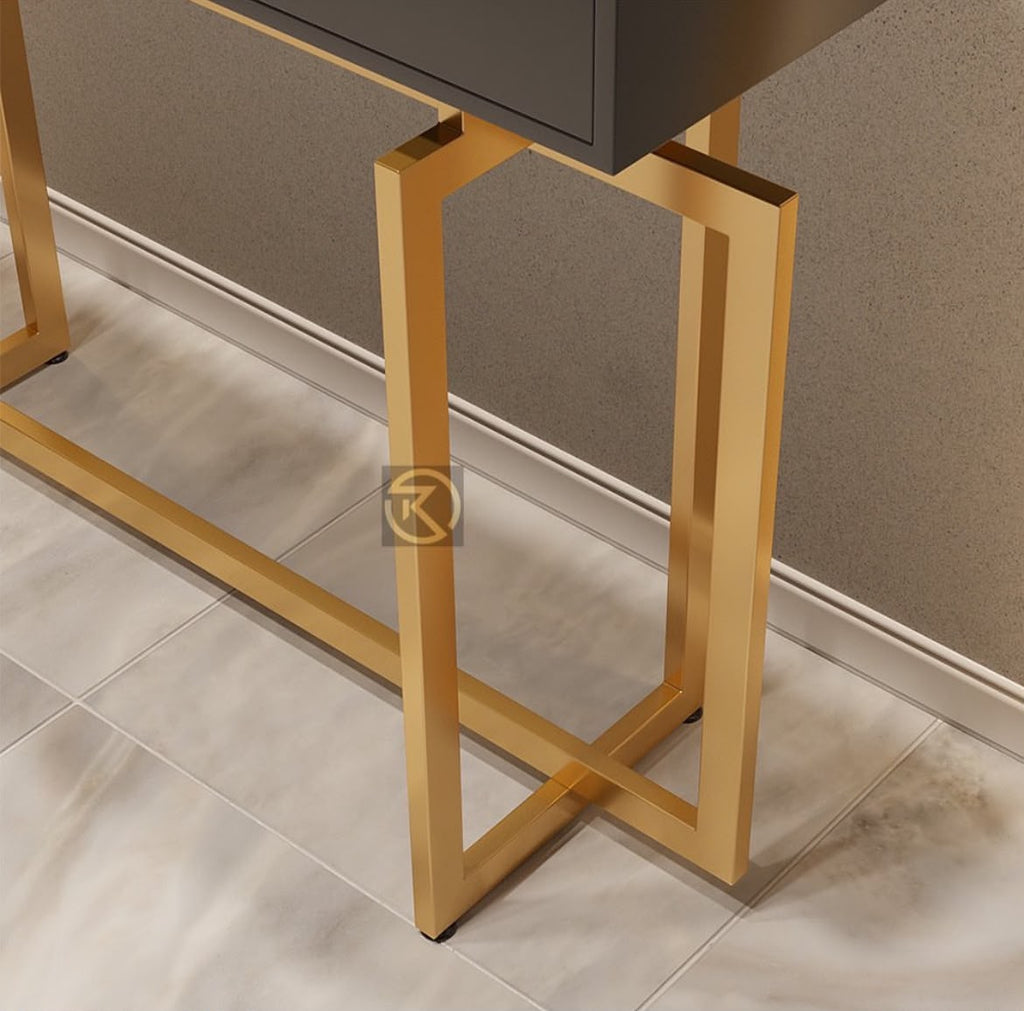 Modern Narrow Black Console Table with Storage Drawers and Metal Legs in Gold