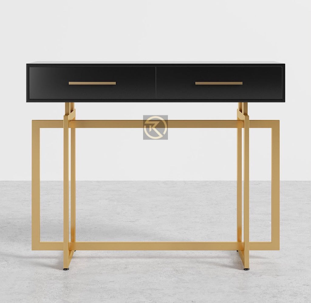 Modern Narrow Black Console Table with Storage Drawers and Metal Legs in Gold