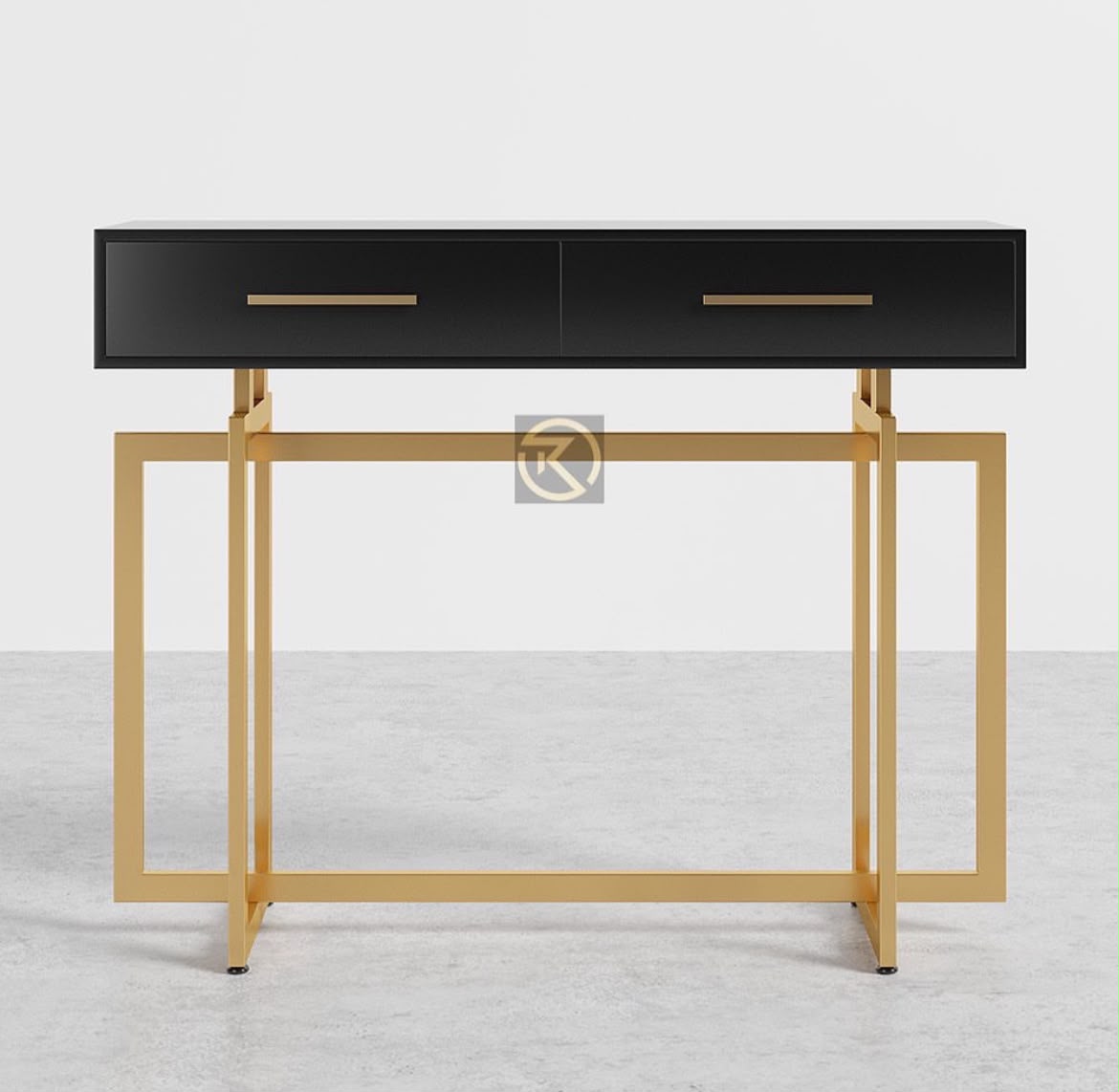 Modern Narrow Black Console Table with Storage Drawers and Metal Legs in Gold