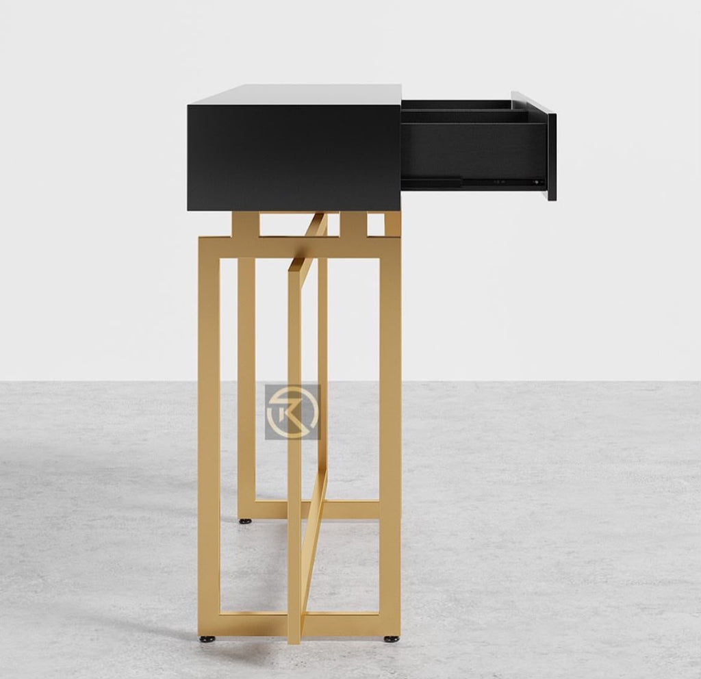 Modern Narrow Black Console Table with Storage Drawers and Metal Legs in Gold